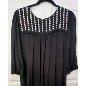 Studio West Black Maxi Boho Dress Crinkle Rayon Embroidery Goth Witchy Size S